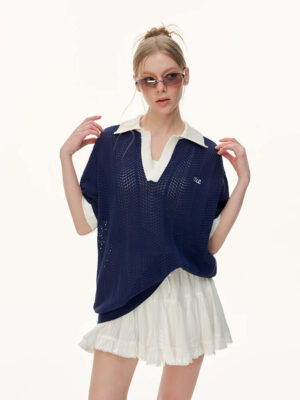 Contrast Collar Polo Hollow‑Knit Short‑Sleeve Top